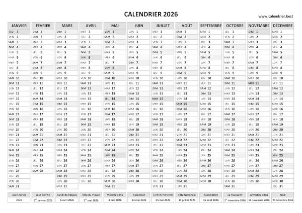 calendrier 2026 avec jours fériés