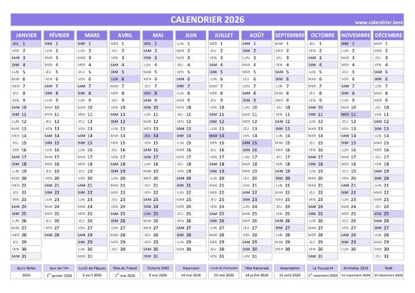 calendrier 2026 avec jours fériés