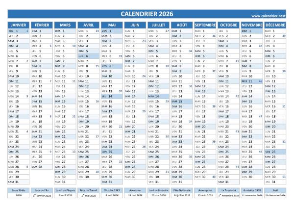 calendrier 2026 avec numéros de semaines et jours fériés