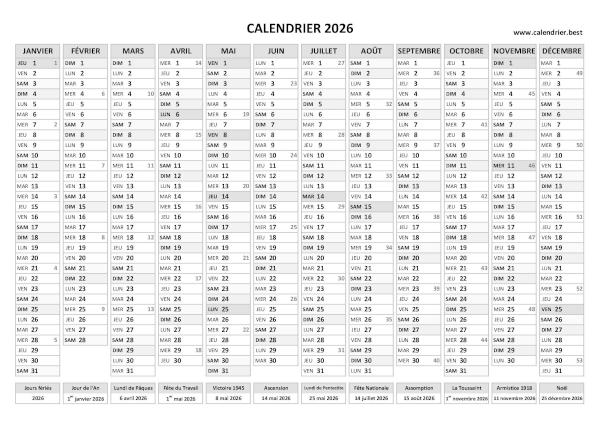 calendrier 2026 avec semaines