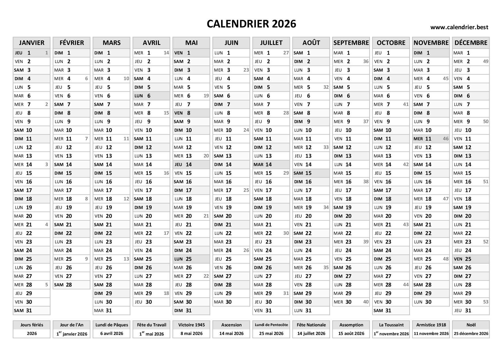 Calendrier 2026 Imprimer Calendrier 2026 Imprimer