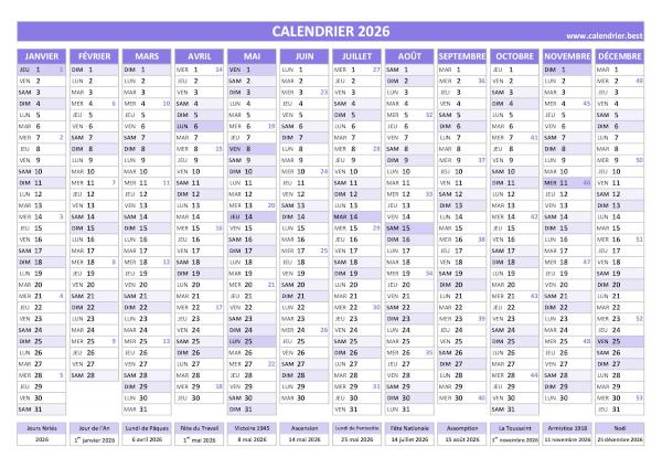 calendrier 2026 avec semaines