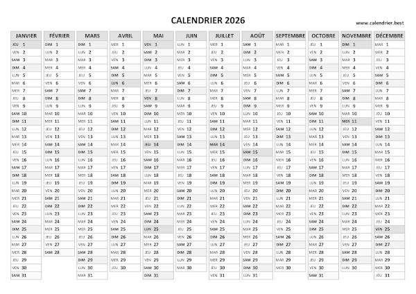 calendrier annuel 2026 vierge