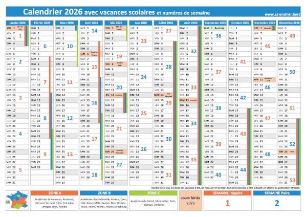 Calendrier 2026 avec vacances scolaires, jours fériés et numéros de semaines à imprimer