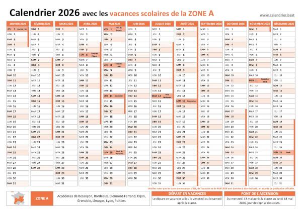 Calendrier 2026 à imprimer - Vacances scolaires et jours fériés pour la zone A. Calendrier 2026 avec vacances scolaires et jours fériés pour la zone A