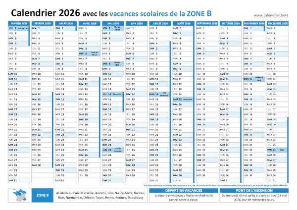 Calendrier 2026 à imprimer - Vacances scolaires et jours fériés pour la zone B. Calendrier 2026 avec vacances scolaires et jours fériés pour la zone B