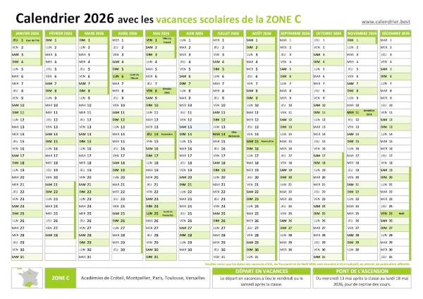 Calendrier 2026 à imprimer - Vacances scolaires et jours fériés pour la zone C. Calendrier 2026 avec vacances scolaires et jours fériés pour la zone C