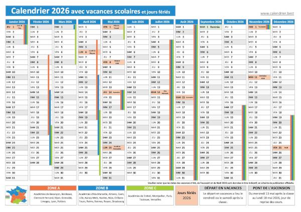 Calendrier 2026 avec les dates des vacances scolaires, les jours fériés et les numéros des semaines paires et impaires à télécharger en PDF ou JPG et à imprimer Calendrier 2026 avec vacances scolaires, jours fériés et numéros de semaines à imprimer