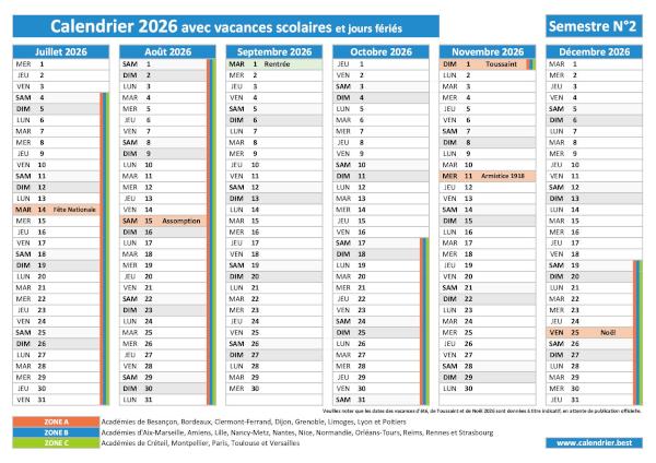 Calendrier 2026 pour le 2ème semestre avec les vacances scolaires, jours fériés et numéros de semaines paires et impaires à télécharger en PDF ou JPG Calendrier 2026 pour le 2nd semestre avec vacances scolaires et jours fériés à imprimer