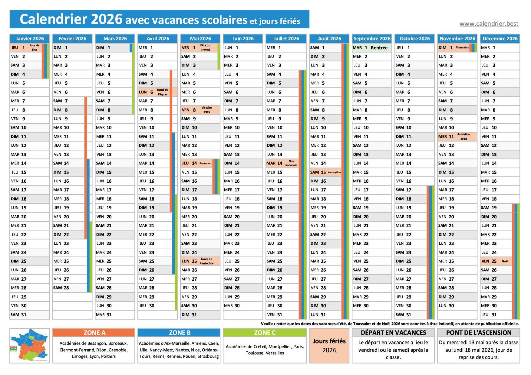  Calendrier 2026 Imprimer Vacances Scolaires Jours F ri s Et 