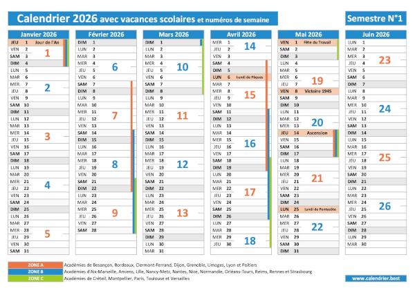 Calendrier semestre 1 de 2026 avec les vacances scolaires, jours fériés et numéros de semaines paires et impaires à télécharger en PDF ou JPG Calendrier semestre 1 de 2026 avec vacances scolaires, jours fériés et numéros de semaines à imprimer