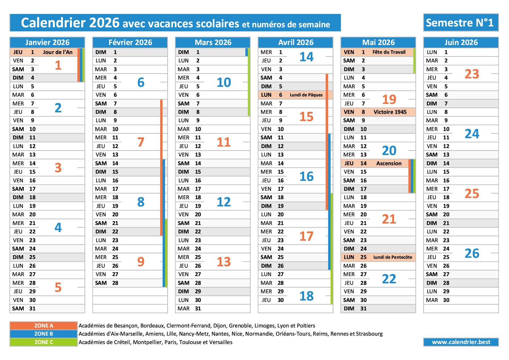  Calendrier 2026 Imprimer Vacances Scolaires Jours F ri s Et 