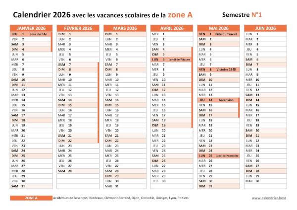 Télécharger le calendrier 2026 semestre 1 pour la zone A avec vacances scolaires, jours fériés et numéros de semaines Calendrier 2026 semestre 1 avec vacances scolaires et jours fériés pour la zone A à imprimer