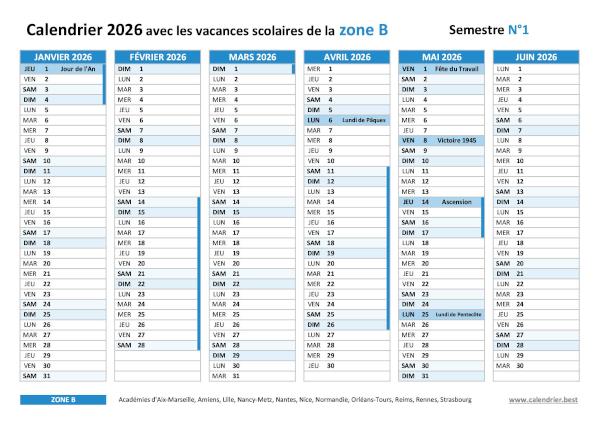 Télécharger le calendrier 2026 semestre 1 pour la zone B avec vacances scolaires, jours fériés et numéros de semaines Calendrier 2026 semestre 1 avec vacances scolaires et jours fériés pour la zone B à imprimer