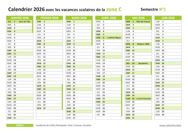 Télécharger le calendrier 2026 semestre 1 pour la zone C avec vacances scolaires, jours fériés et numéros de semaines Calendrier 2026 semestre 1 avec vacances scolaires et jours fériés pour la zone C à imprimer