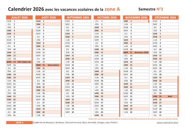 Télécharger le calendrier 2026 semestre 2 pour la zone A avec vacances scolaires, jours fériés et numéros de semaines Calendrier 2026 semestre 2 avec vacances scolaires et jours fériés pour la zone A à imprimer