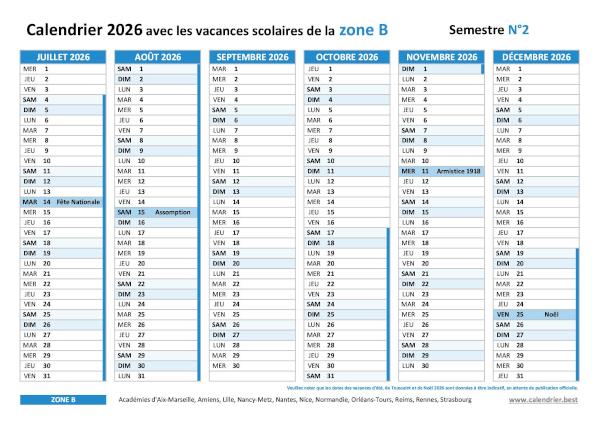 Télécharger le calendrier 2026 semestre 2 pour la zone B avec vacances scolaires, jours fériés et numéros de semaines Calendrier 2026 semestre 2 avec vacances scolaires et jours fériés pour la zone B à imprimer