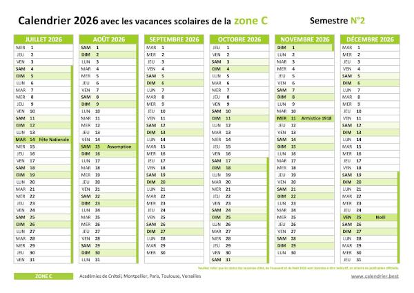 Télécharger le calendrier 2026 semestre 2 pour la zone C avec vacances scolaires, jours fériés et numéros de semaines Calendrier 2026 semestre 2 avec vacances scolaires et jours fériés pour la zone C à imprimer