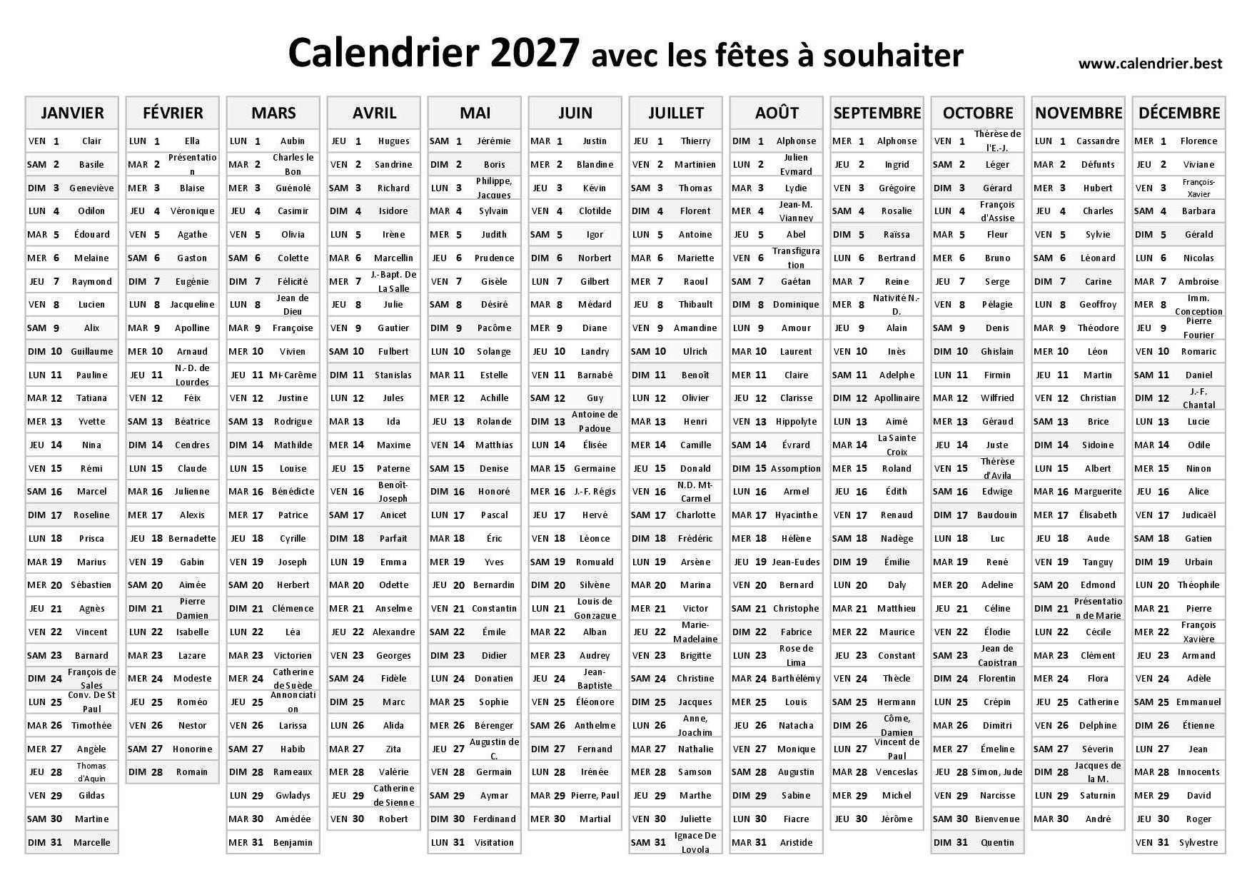 Calendrier 2027 Imprimer