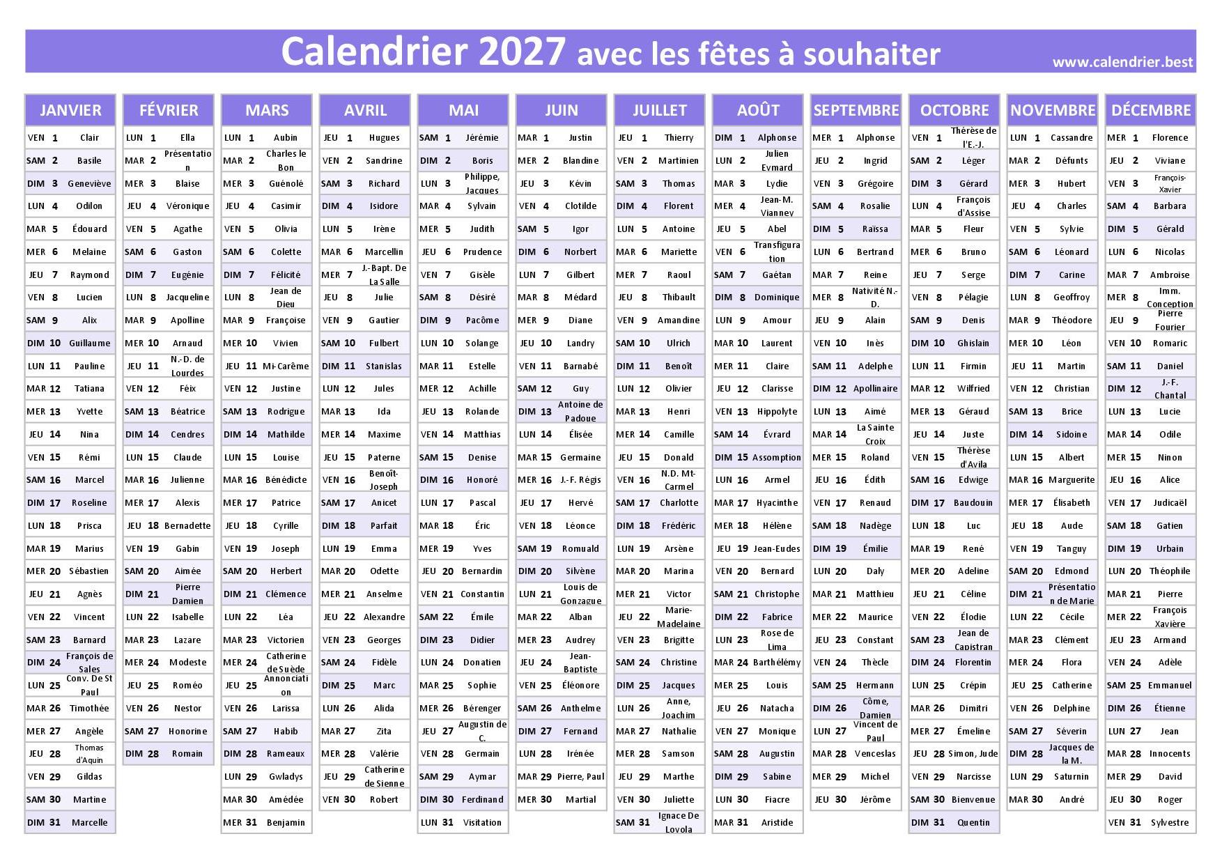 Calendrier 2027 Imprimer Calendrier 2027 Imprimer