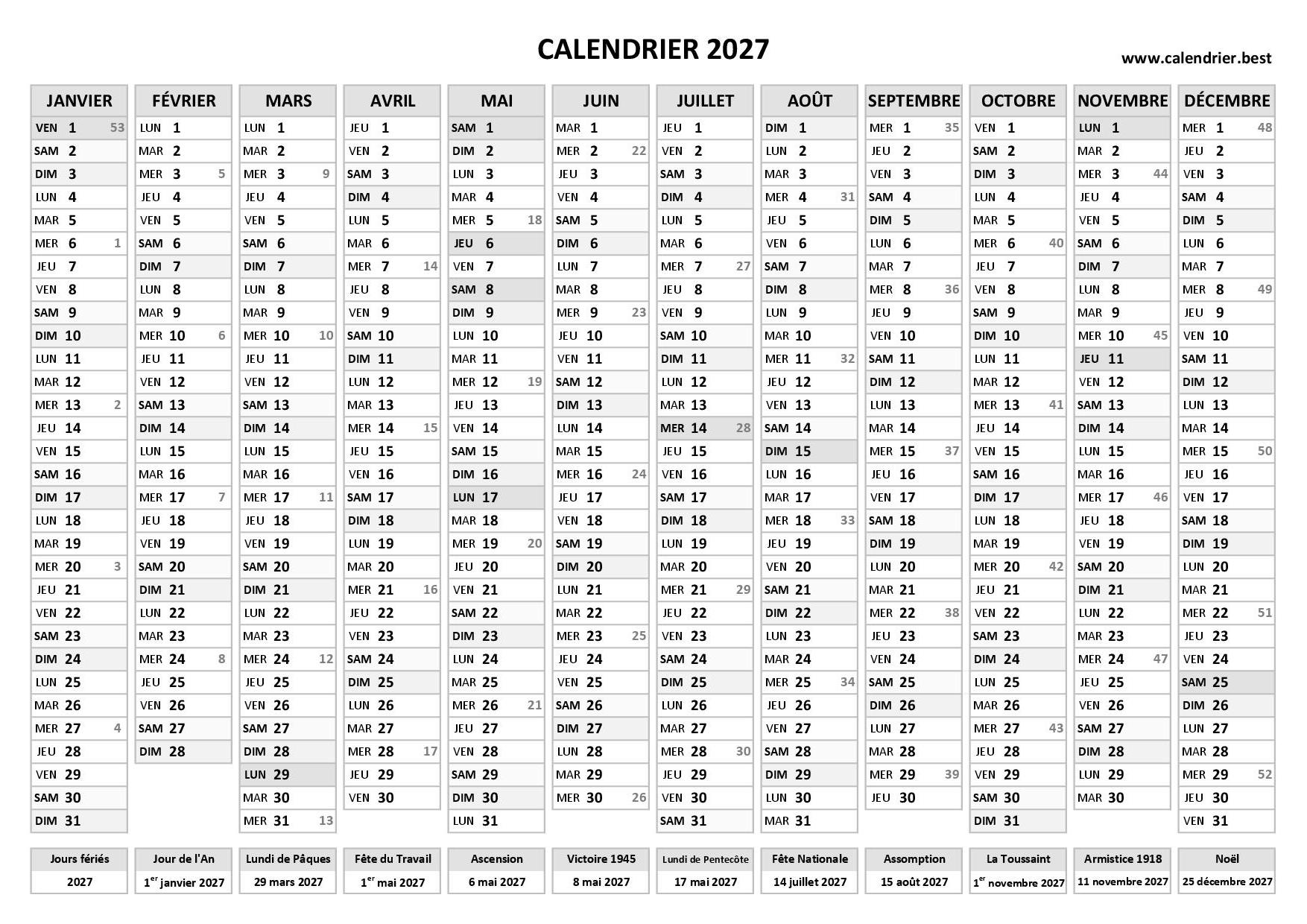 Calendrier 2027 Imprimer