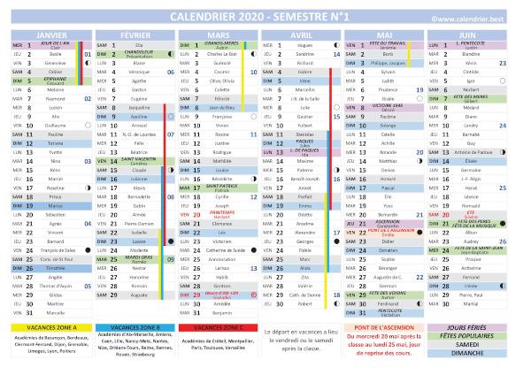 Lien vers calendrier annuel 2020, modèle complet intégrant les jours fériés