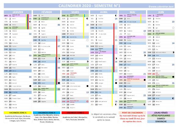 calendrier 2020 complet avec fêtes et Saints du jour, vacances scolaires jours fériés, lunaisons, 1er semestre