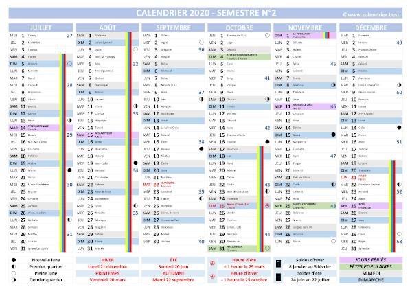 calendrier 2020 complet avec fêtes et Saints du jour, vacances scolaires jours fériés, lunaisons, 2ème semestre