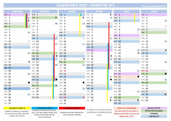 calendrier complet 2020 à télécharger, version vierge, semestre 1