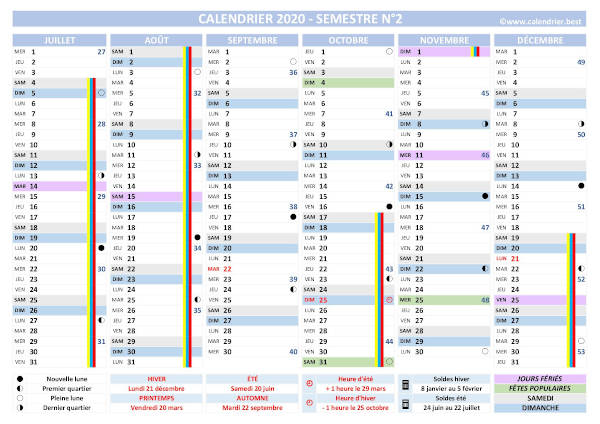 calendrier complet 2020 à télécharger, version vierge, semestre 2