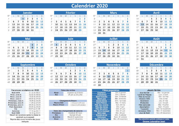 Calendrier pratique 2020 bleu avec jours fériés et numéros de semaines. Dates des vacances et des fêtes populaires inclus en légende. Orientation paysage.