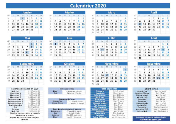 Lien vers calendrier annuel 2020 modèle pratique avec dates des vacances scolaires en légende.