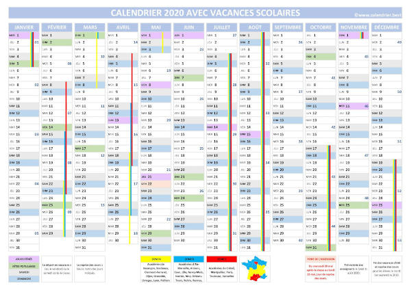 Calendrier 2020 intégrant les périodes de congés scolaires pour les zones A, B et C.