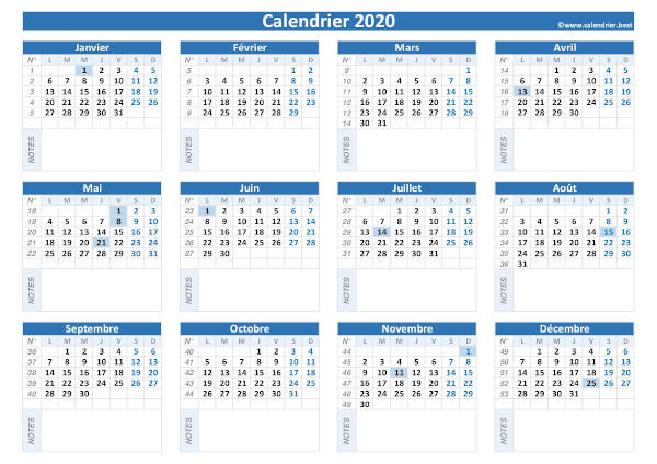 Calendrier vierge 2020 à imprimer avec espace bloc-notes disponible sous chaque mois