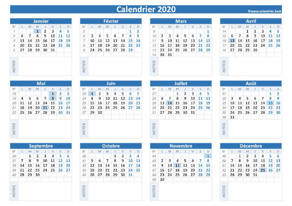 calendrier 2020