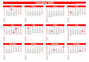 Calendrier vierge 2020 à imprimer avec espace bloc-notes disponible sous chaque mois