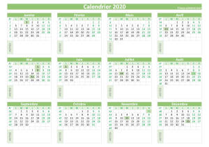 Calendrier vierge 2020 à imprimer avec espace bloc-notes disponible sous chaque mois