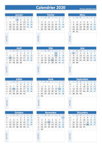 Calendrier vierge 2020 à imprimer avec espace bloc-notes disponible sous chaque mois