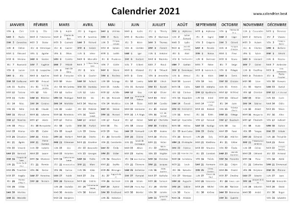 Calendrier 2021 avec saints à imprimer, période du 1er janvier au 31 décembre 2021, thème gris calendrier annuel 2021 avec saints