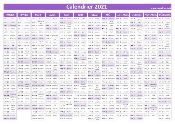 calendrier annuel 2021 avec saints