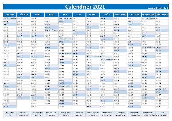 calendrier annuel 2021 avec jours fériés