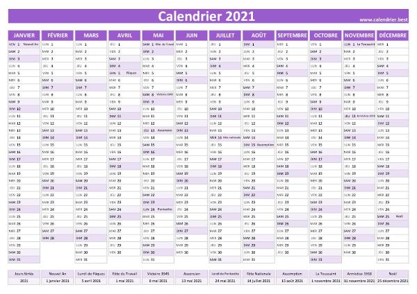 calendrier annuel 2021 avec jours fériés