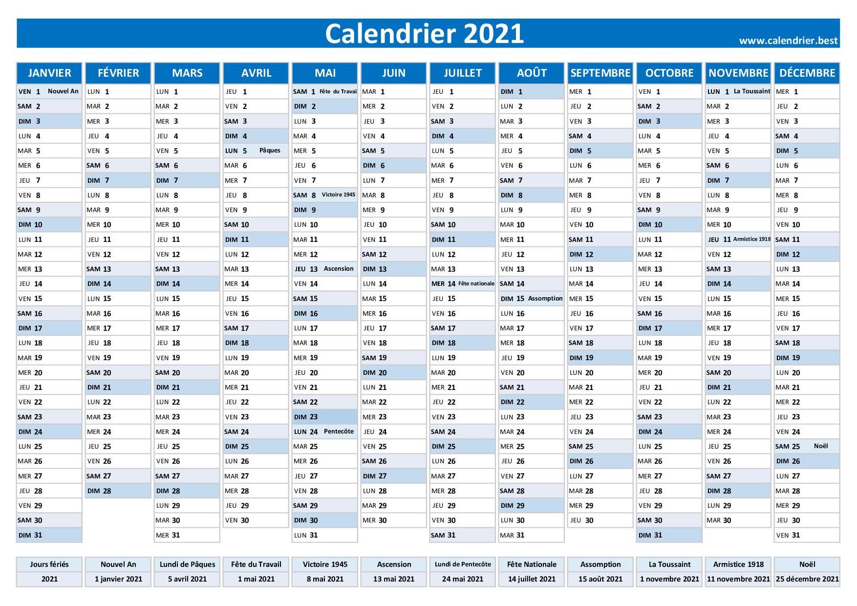 Calendrier annuel 2021 à imprimer