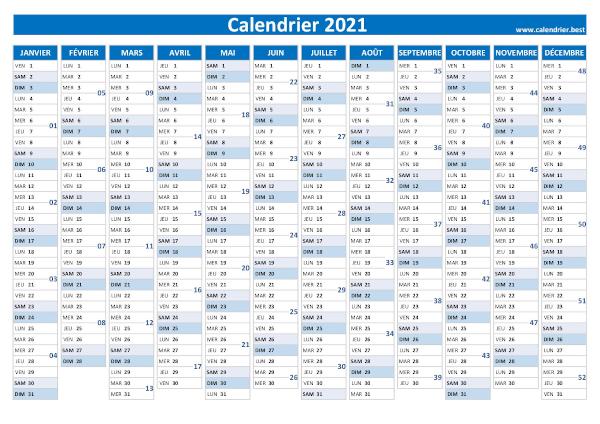 calendrier annuel 2021 avec semaines