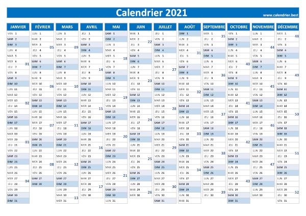 Calendrier 2021 avec numéro de semaine à imprimer