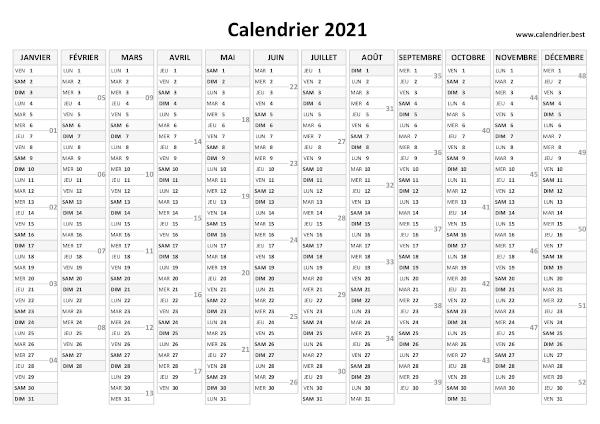 calendrier annuel 2021 avec semaines