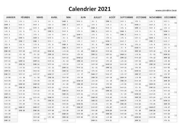Calendrier 2021 avec semaines à imprimer, période du 1er janvier au 31 décembre 2021, thème gris calendrier annuel 2021 avec semaines