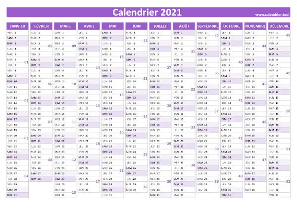 calendrier annuel 2021 avec semaines