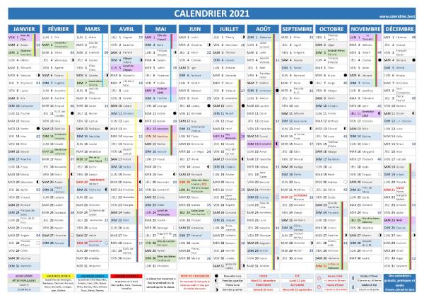 calendrier complet 2021 avec fêtes et Saints du jour, dates des vacances, jours fériés et de nombreuses autres informations utiles