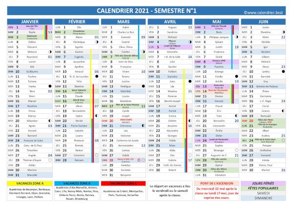 Calendrier 2021 complet avec fêtes et Saints du jour, vacances scolaires jours fériés, lunaisons, 1er semestre